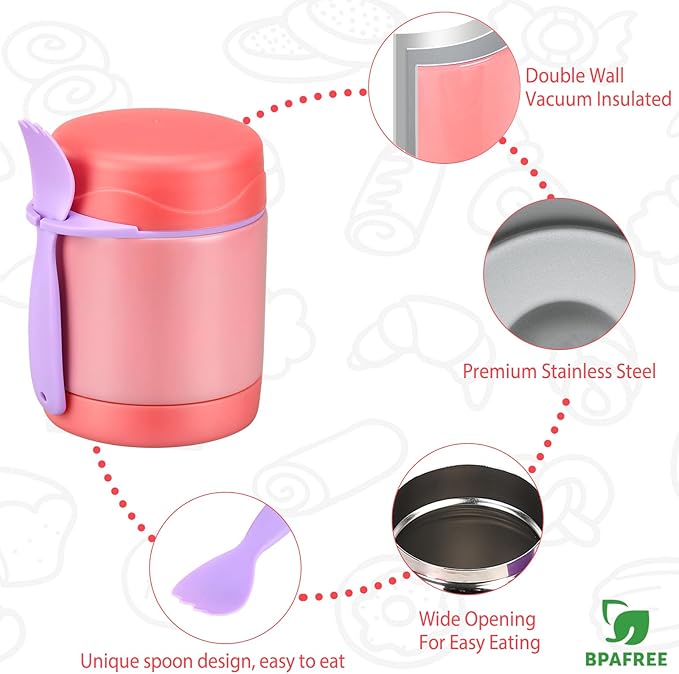 10oz Soup Thermo for Hot Food Kids, Insulated Food Jar with Spoon, Leak Proof Stainless Steel Wide Mouth Lunch Food Thermo Jar for School (Pink)