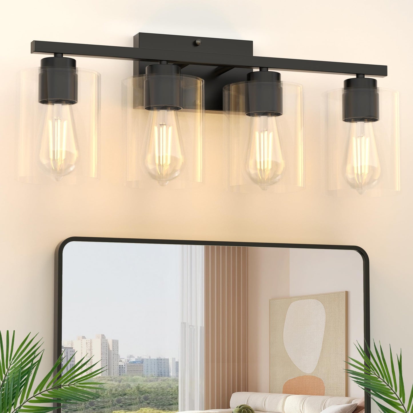 Honesorn Bathroom Light Fixtures 4-Light, Bathroom Vanity Light Matte Black, Modern Vanity Lighting Fixtures with Clear Glass Sh