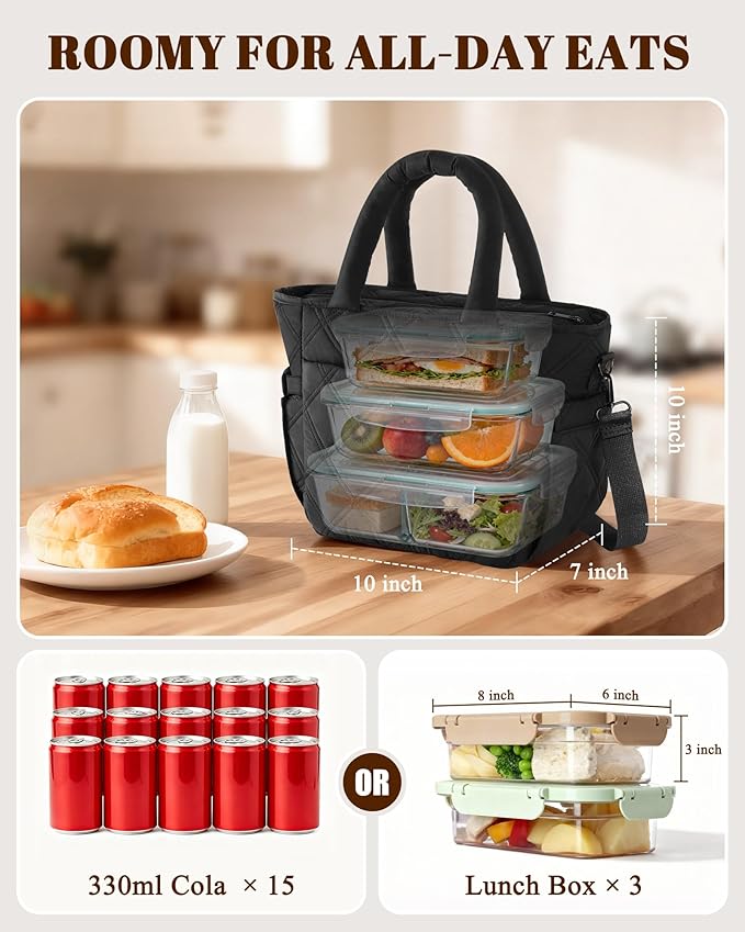 Insulated Lunch Box for Women Men, Soft & Puffy Lunch Bag, Large Capacity Leakproof Reusable Tote Cooler Bag with 4 Pockets, Adjustable Strap, Ideal for Work, Outdoors, Picnic, Travel (Black)