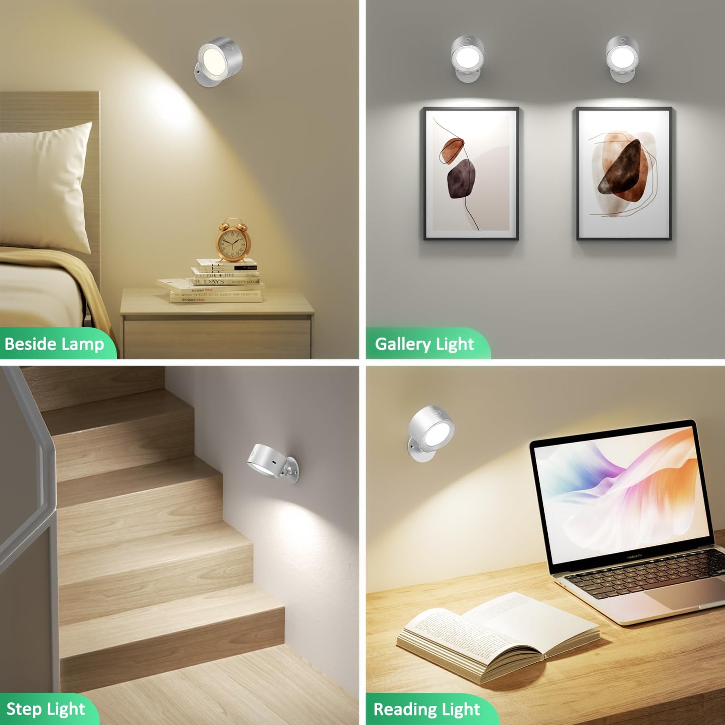 Lightbiz LED Wall Reading Lights, 2 Pcs, Rechargeable, Dimmable, 3 Color Temperatures, Silver, Model X120