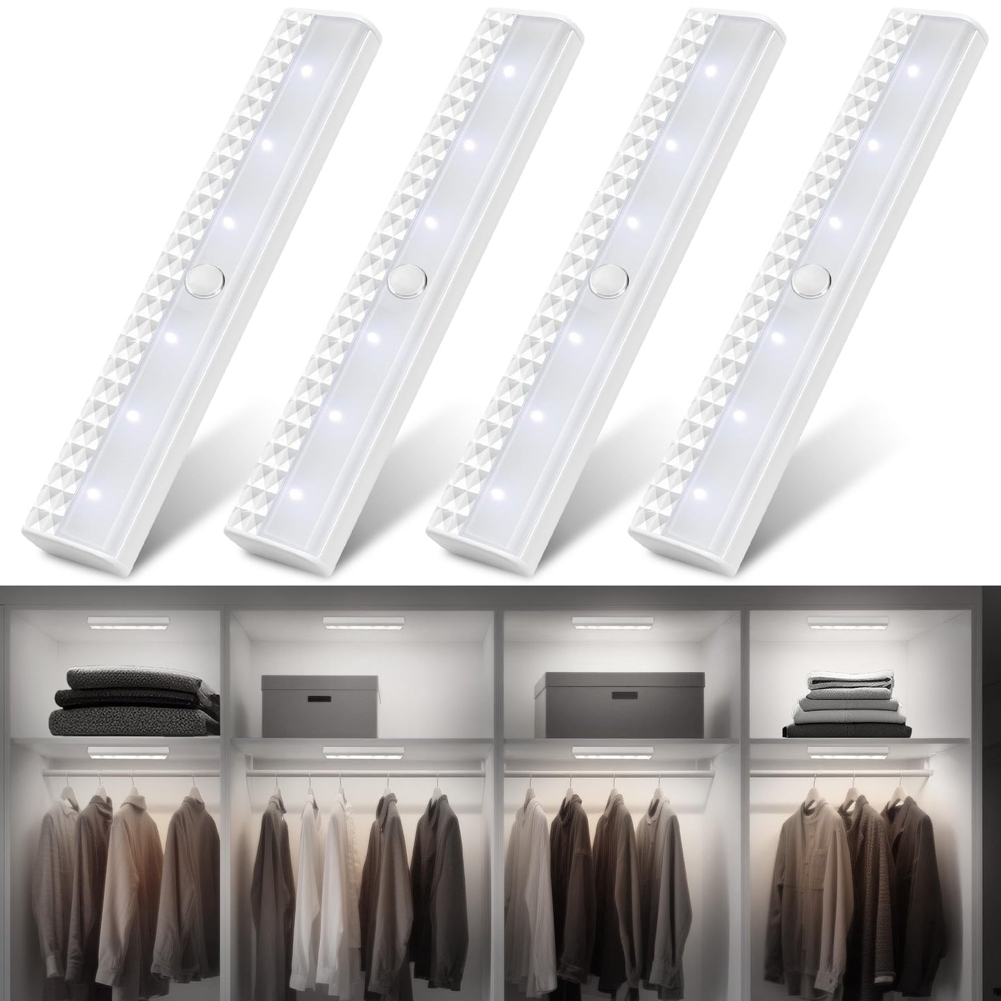 Maylit 4 Pack Closet Lights Motion Sensored  Battery Operated Light Indoor  Wireless Magnetic Night Led Bar  Stick On Lighting For Stair  Shelf  Hallway  Bed  Pantry  Under Cabinet  6000K Cool White
