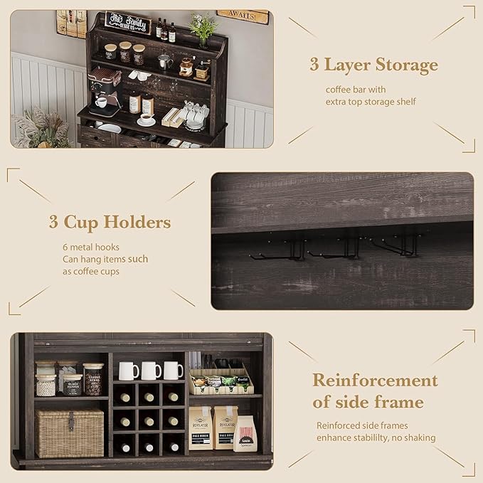 63 Inch Tall Coffee Bar Cabinet with 3-Tier, Kitchen Hutch with 3 Large Drawers, Farmhouse Coffee Bar with 9 Wine Racks & 3 Glass Holders, Wine Storage Cabinet for Living Dining Room, Oak
