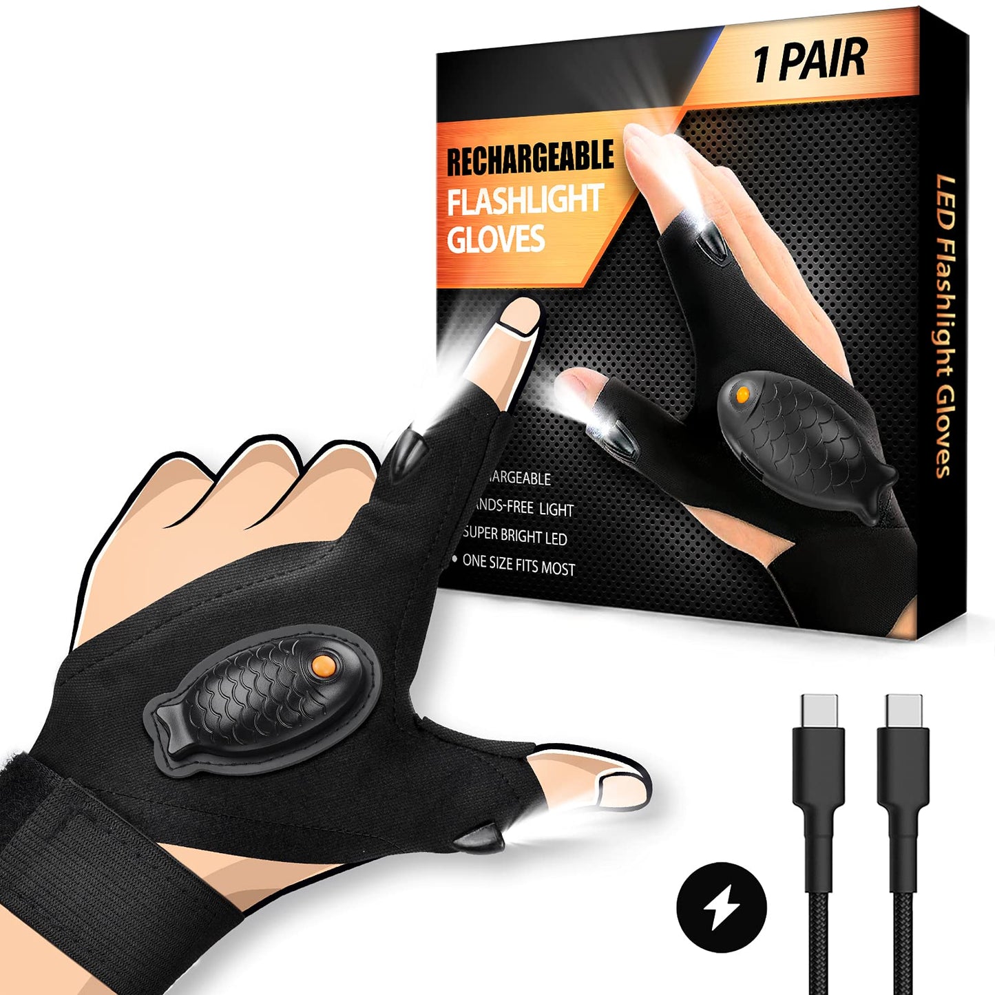 HANPURE Rechargeable LED Flashlight Gloves - Black, 1 Pair, Waterproof, Model YU-GLV-S, Ideal for Repairing, Fishing, and Camping
