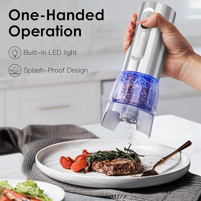 Marchpower Electric Salt and Pepper Grinder Set,1S Quick Switch, Rechargeable Stainless Steel Automatic Electric Salt and Pepper Shakers with LED Light, 200ml large-Capacity, Stepless Grind Adjustment