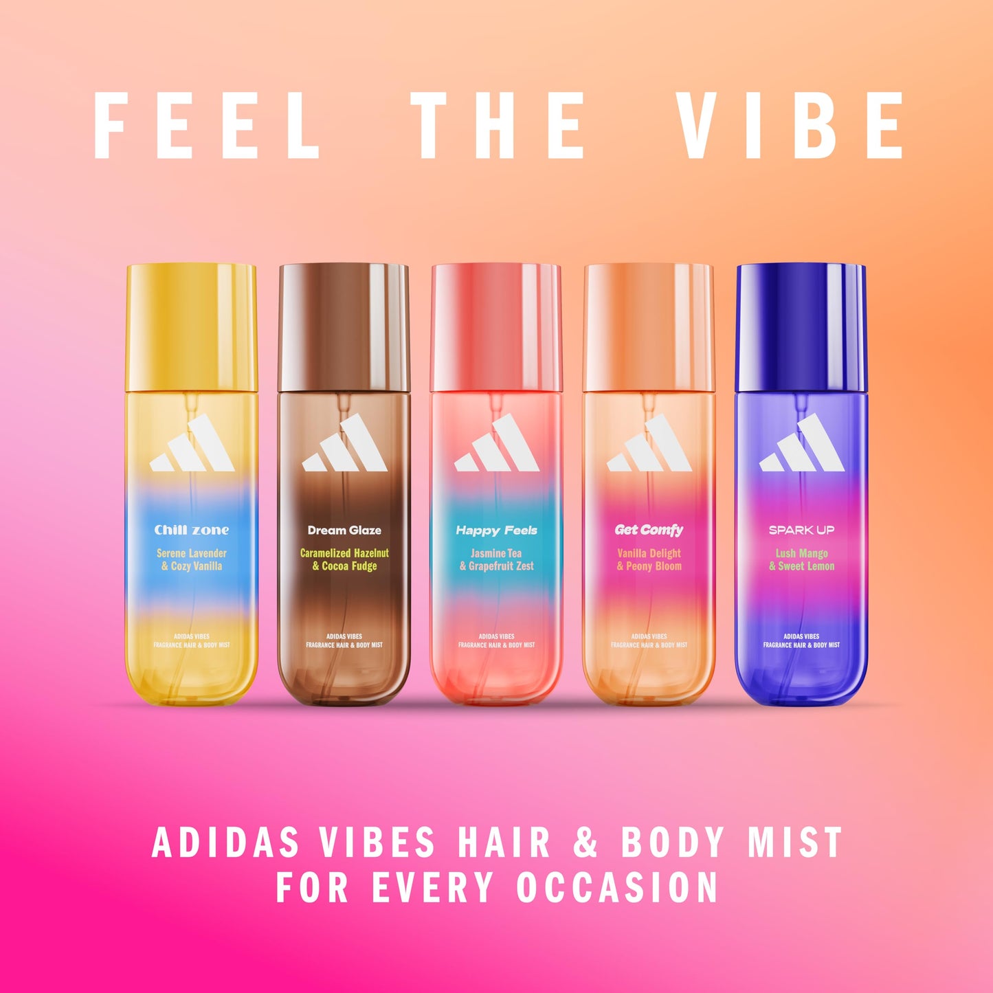 adidas Vibes Get Comfy Fragrance Hair & Body Mist for Women, Mood-Boosting, Notes of Vanilla Delight & Peony Bloom, For Any Occa