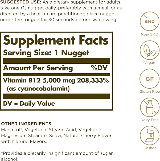 SOLGAR Megasorb Vitamin B12 5000 mcg - 30 Nuggets - Non-GMO, Vegan, Gluten Free, Dairy Free, Kosher - 30 Servings