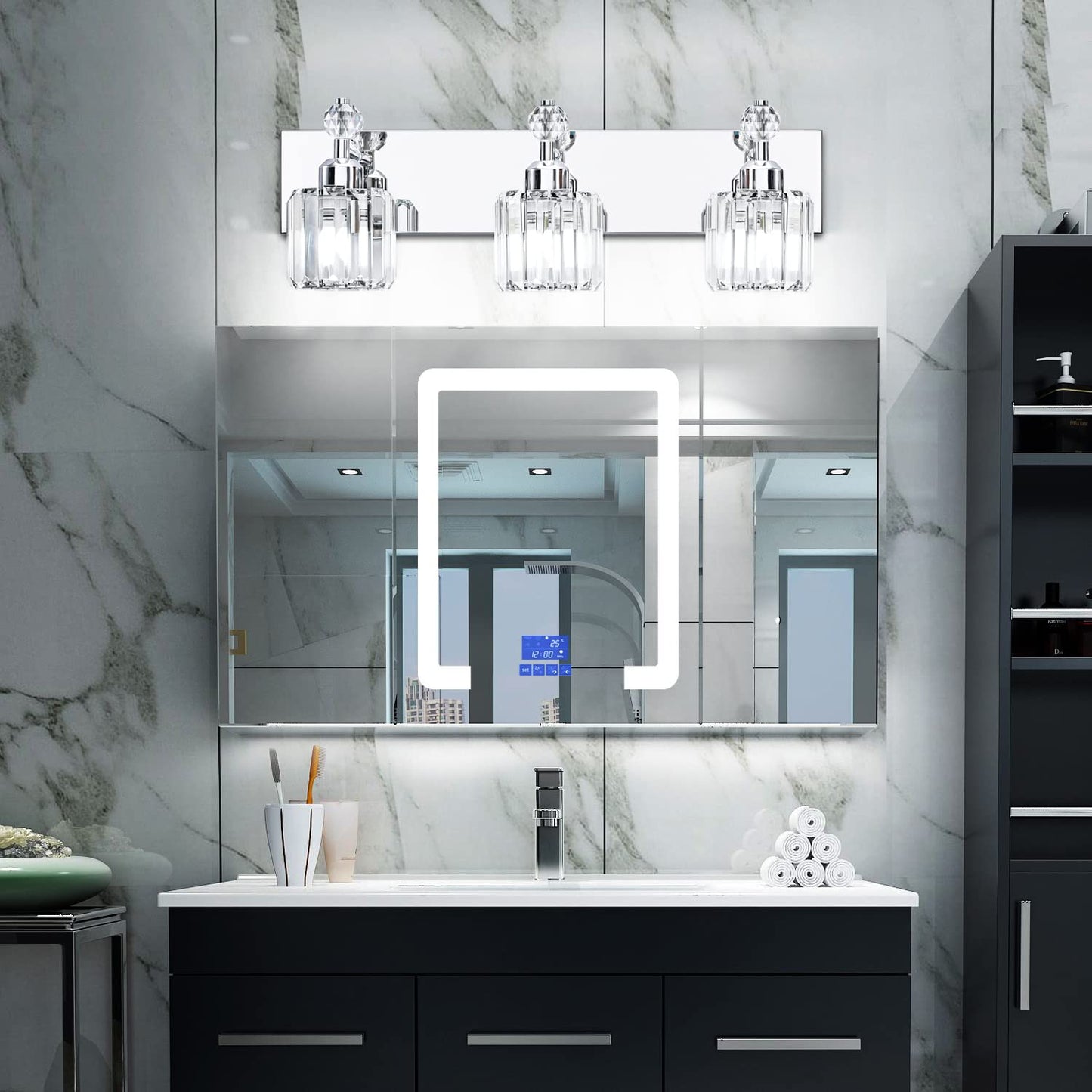 PRESDE Modern Crystal Bathroom Vanity Light Fixture, Chrome, 3 Lights, Stainless Steel, Wall Mount
