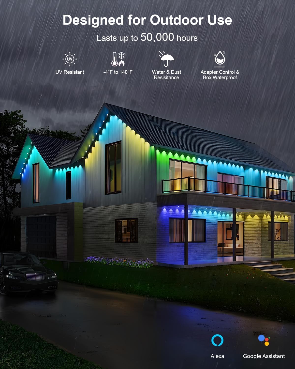 MIMIRGB Outdoor LED Lights, 50ft RGB Smart Eave Light, IP67 Waterproof, Remote/App Control, Black, Model JG-001W-10