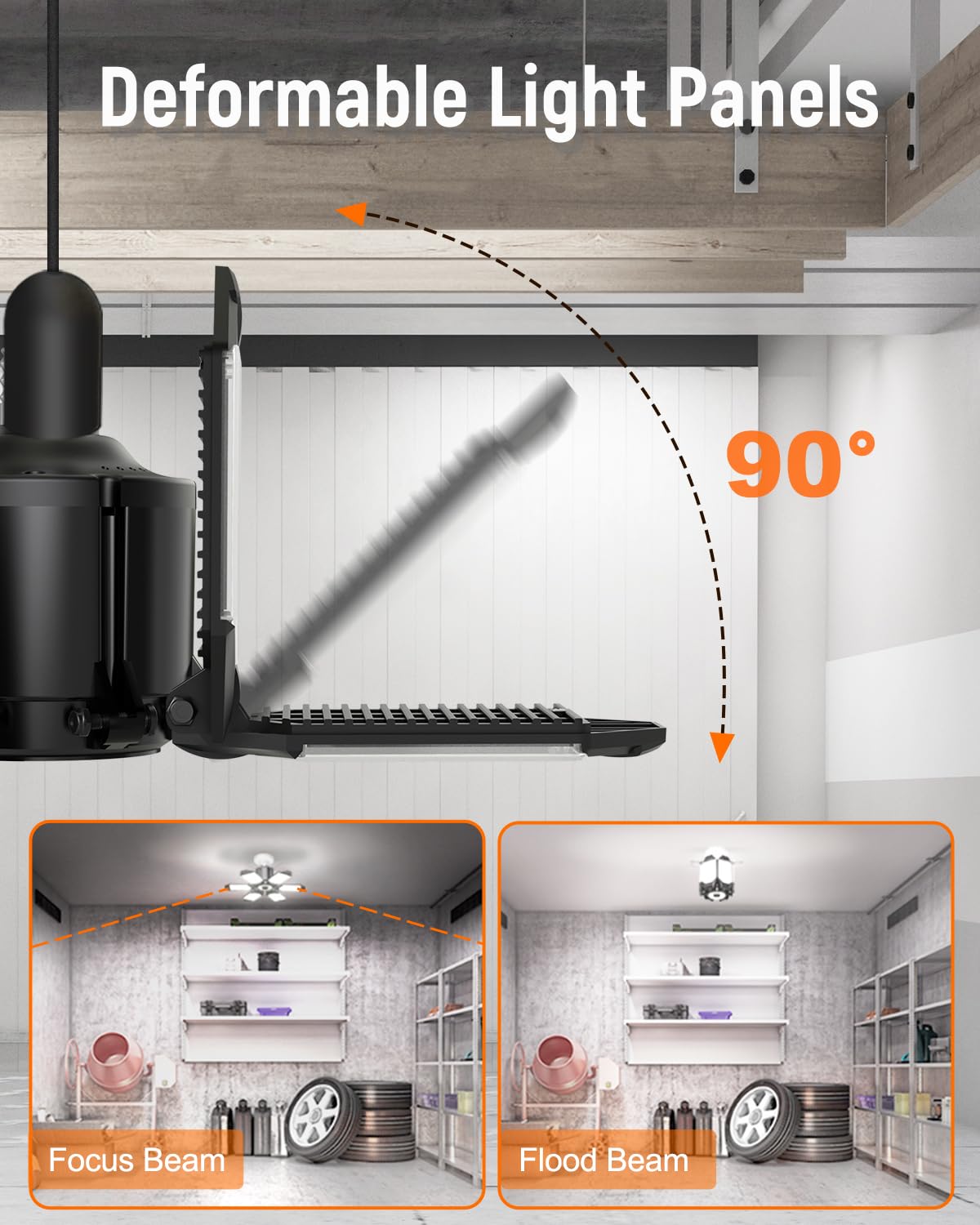 Adiding Led Garage Ceiling Light - 20000Lm Bright, 2 Pack Adjustable, 6 Deformable Panels, E26 Socket, Black