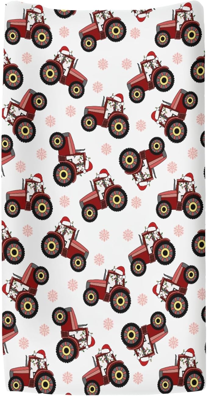Red Tractors Snowflakes Baby Changing Pad Covers for Boy Girl Christmas Farm Tractor Harvest Fitted Change Table Cover Mats Farmhouse Trucks Vehicle Soft Diaper Changing Table Sheets 32''×16''