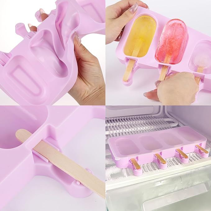 3 Set Violet Samll Popsicles Molds with Lids and 100 Pieces Wooden Popsicles Sticks, 4 Cavities Silicone Ice Cream Molds for Making Cakesicles, Cake Pops, Ice Cream - BPA Free