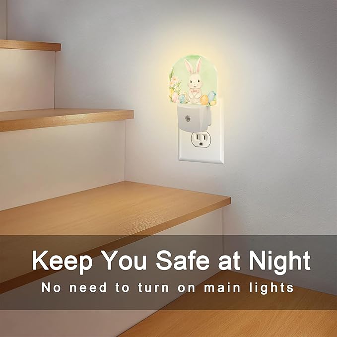 Cute Easter Bunny and Eggs Night Light, Easter Rabbit and Flowers Dusk to Dawn Night Light Plug in,0.5w Energy Saving Sleep Friendly NightLight for Kids Boys Girls Home Decor