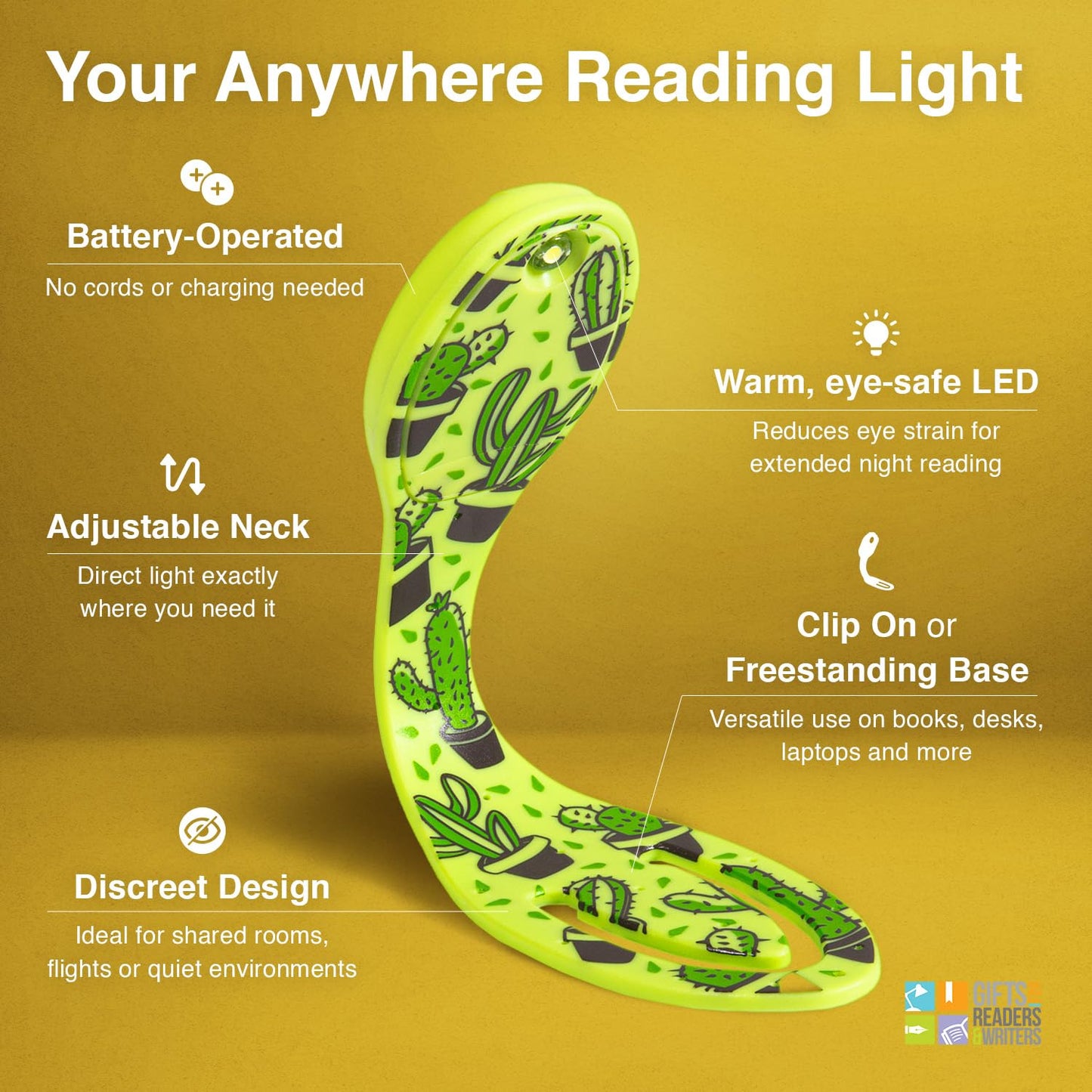 Gifts for Readers & Writers Flexilight Bookmark Reading Light | LED Clip-On | Battery Operated | Cactus Color | Model 2