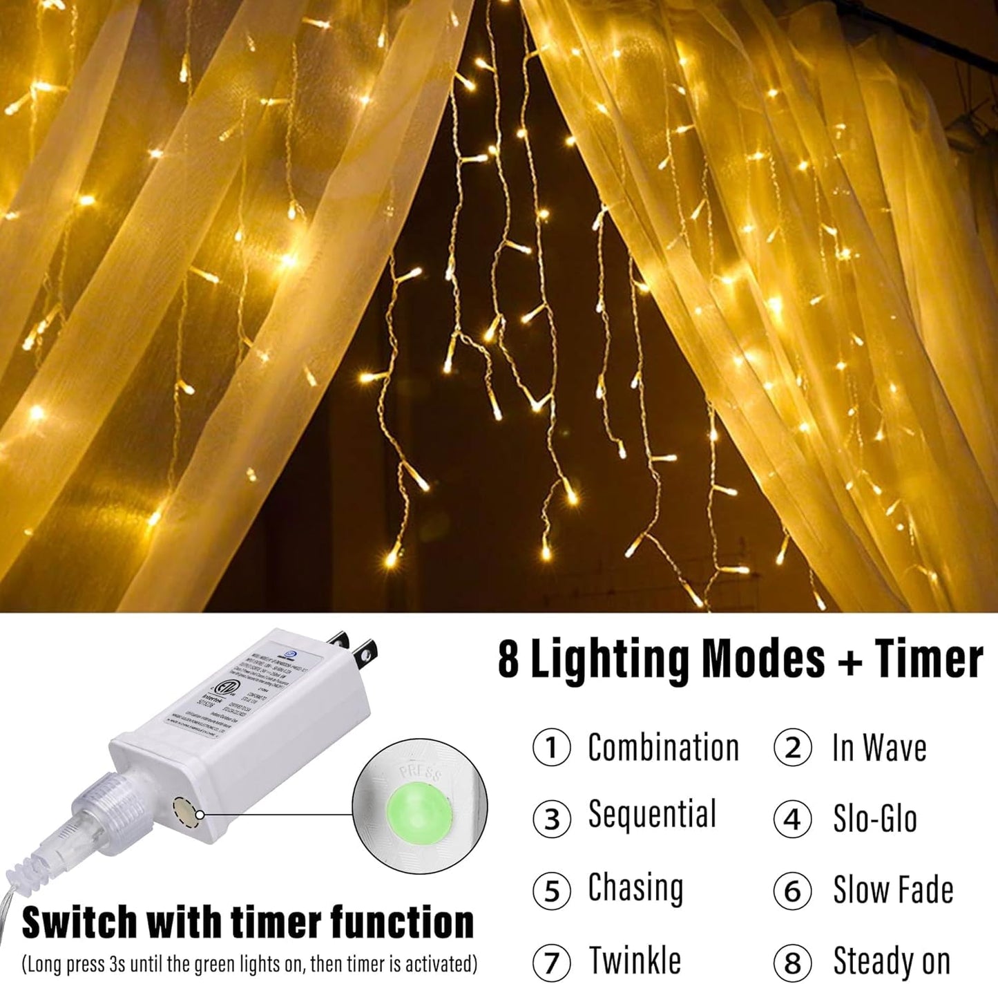 Joomer Icicle Lights Outdoor, 500 LED, 65FT, 8 Modes, Waterproof, Warm White, Model SSL0500-I-24V