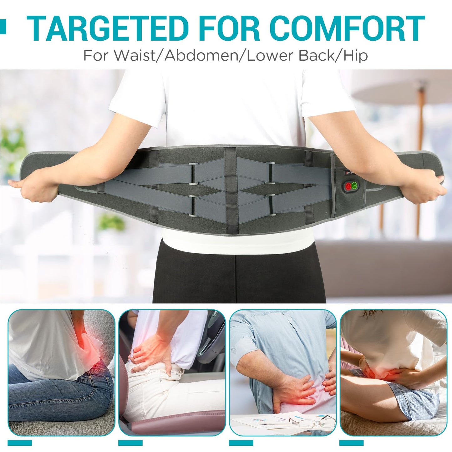 Comfytemp Cordless Heating Pad with Massager for Back, Portable Lower Back Massager FSA Eligible HSA Rechargeable Wireless Electric, Birthday Gifts for Women Men Mom Dad Seniors 3 Heat 30Auto-Off Grey