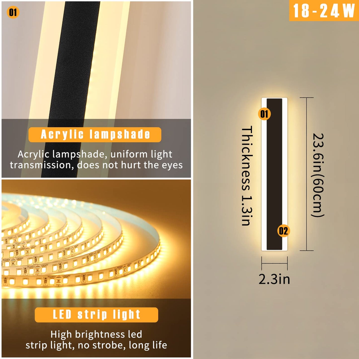 Modern 23.6Inch Outdoor Wall Light  3000K Black Acrylic Exterior Lighting Fixtures Wall Mount  Ip65 Waterproof Modern Porch Lights Outdoor Wall Sconce  Led Long Outdoor Lights For House Hard-Wired