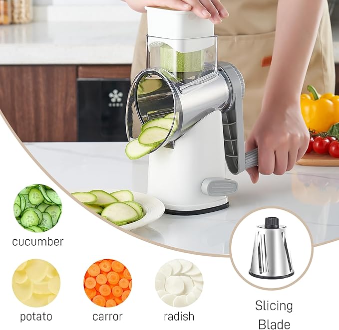 Rotary Cheese Grater with 4 Blades, Hand Crank Cheese Grater with Waffle Slicer, Black and White Cheese Slicer with Suction Base, Easier for Shredding& Grating (White and Grey, 4 Graters)