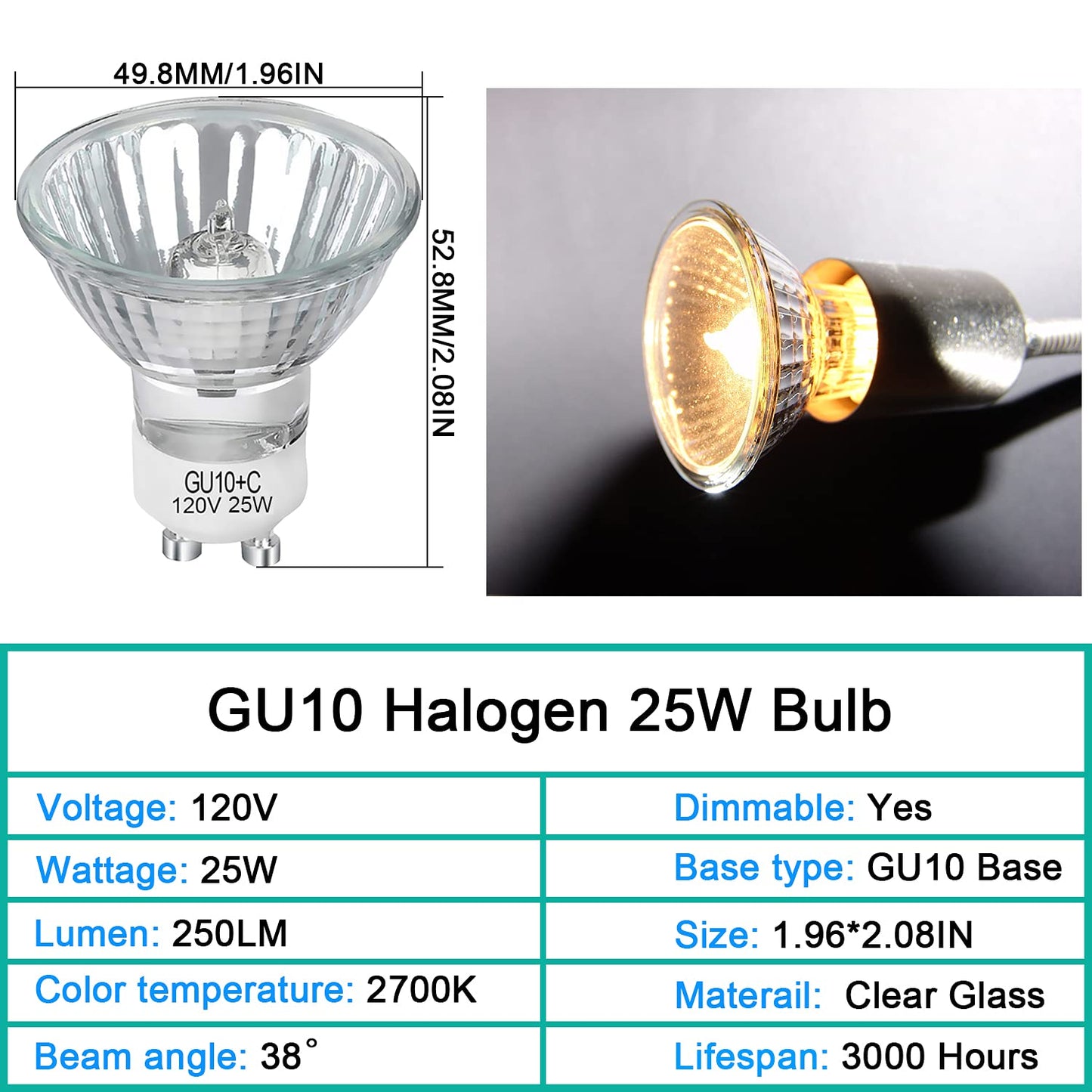Lacnooe Gu10 Halogen Bulb 25W Warm White 2700K Replacement Bulb For Candle Warmers, 6 Pack, Glass