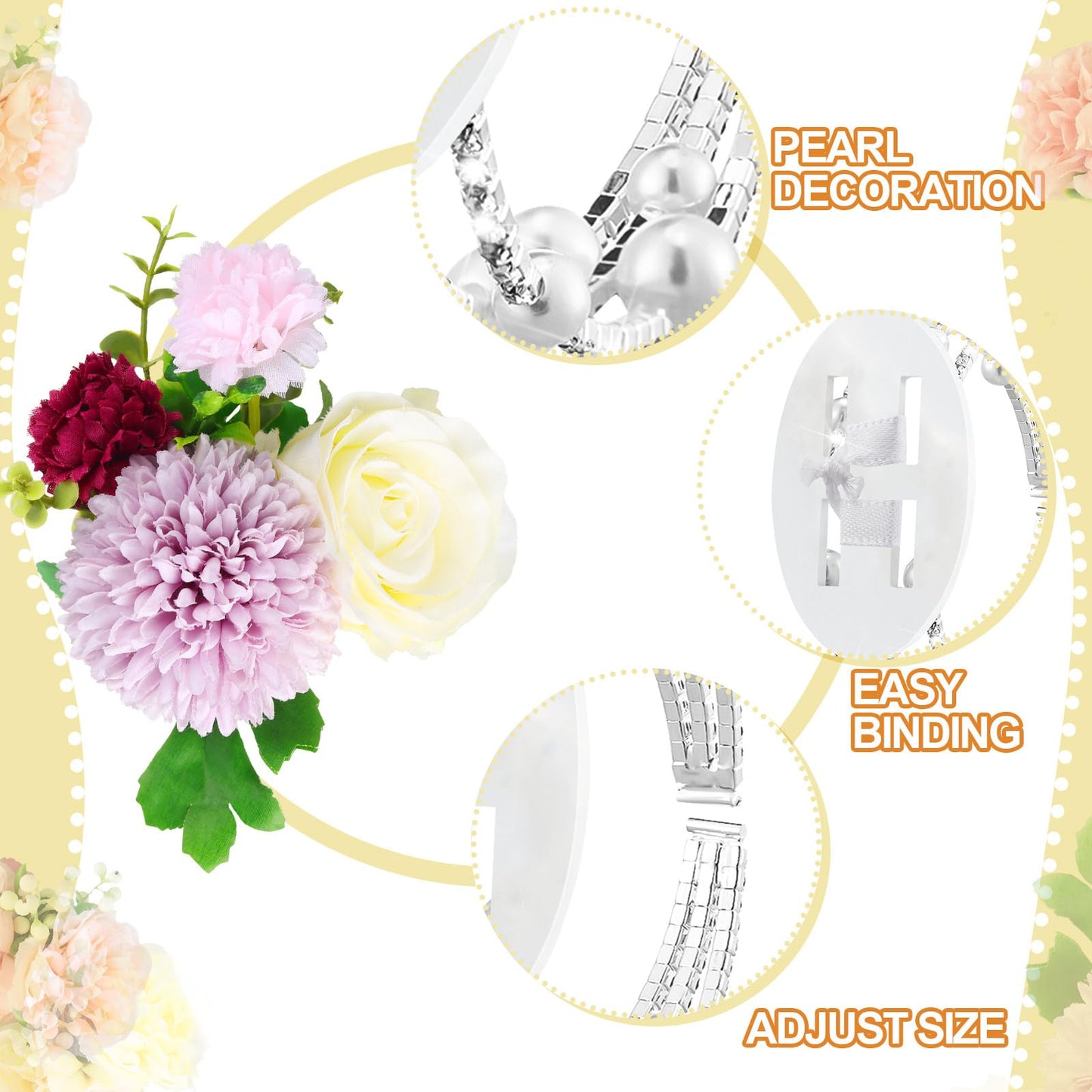 Hotop 8 Pcs Corsage Wrist Bracelet Bands Bride Pearl Rhinestone Bracelet Elastic Wrist Corsage DIY Wedding Wristband Faux Pearl