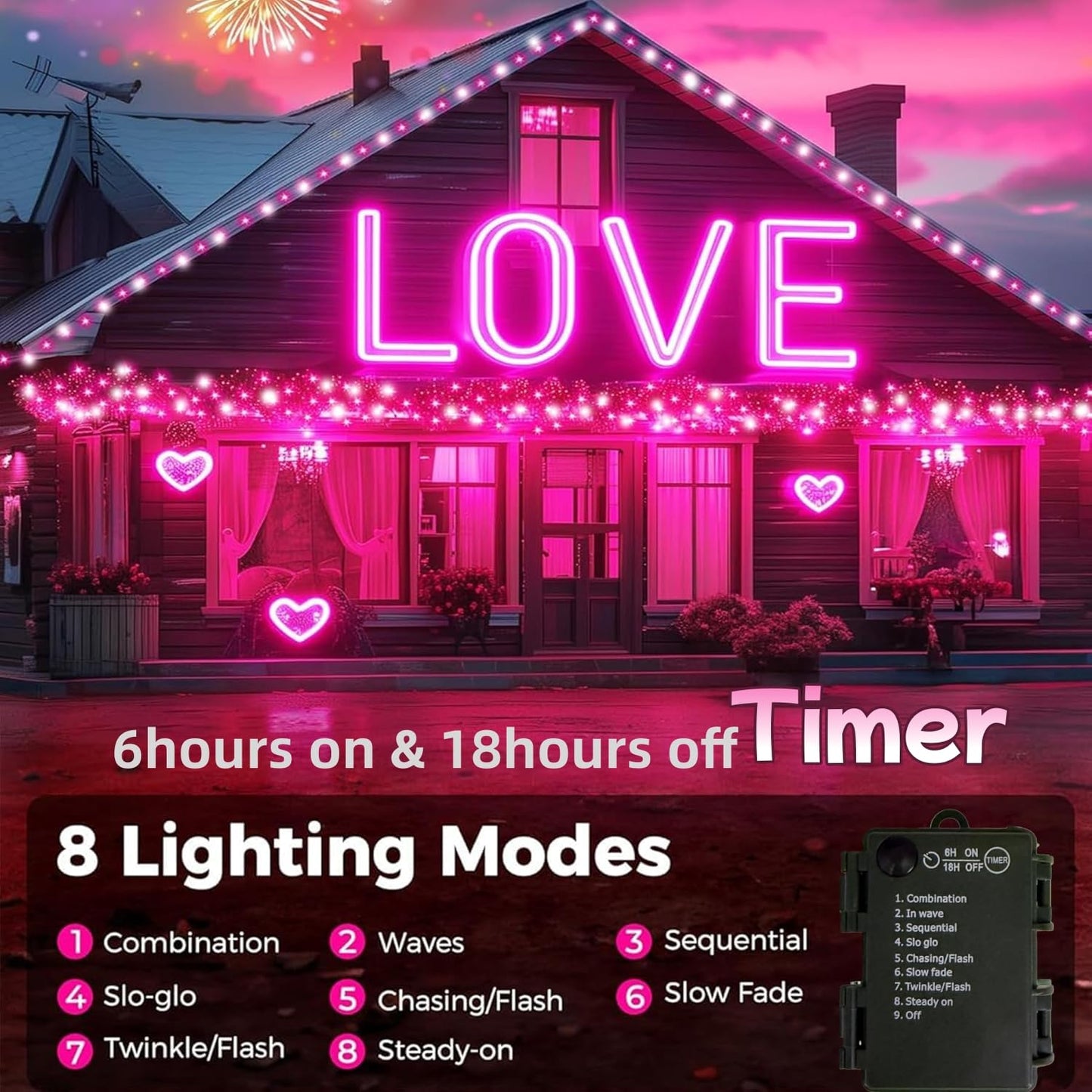L Lampop Twinkle Lights - 100 Led Battery Operated String Lights, 8 Modes, Waterproof, Pink & White, Ideal For Home, Garden, And Holidays