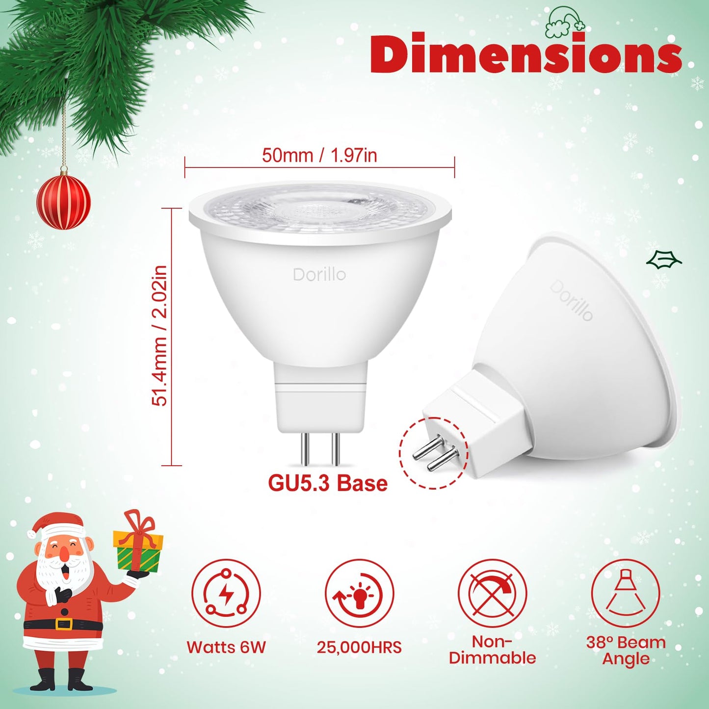 Dorillo Mr16 Green Led Light Bulbs 6 Pack  6W (50W Equivalent)  Gu5.3 Bi-Pin 12V  Non-Dimmable  38 Beam  Outdoor Landscape Holiday Lighting For Christmas  Garden  Yard