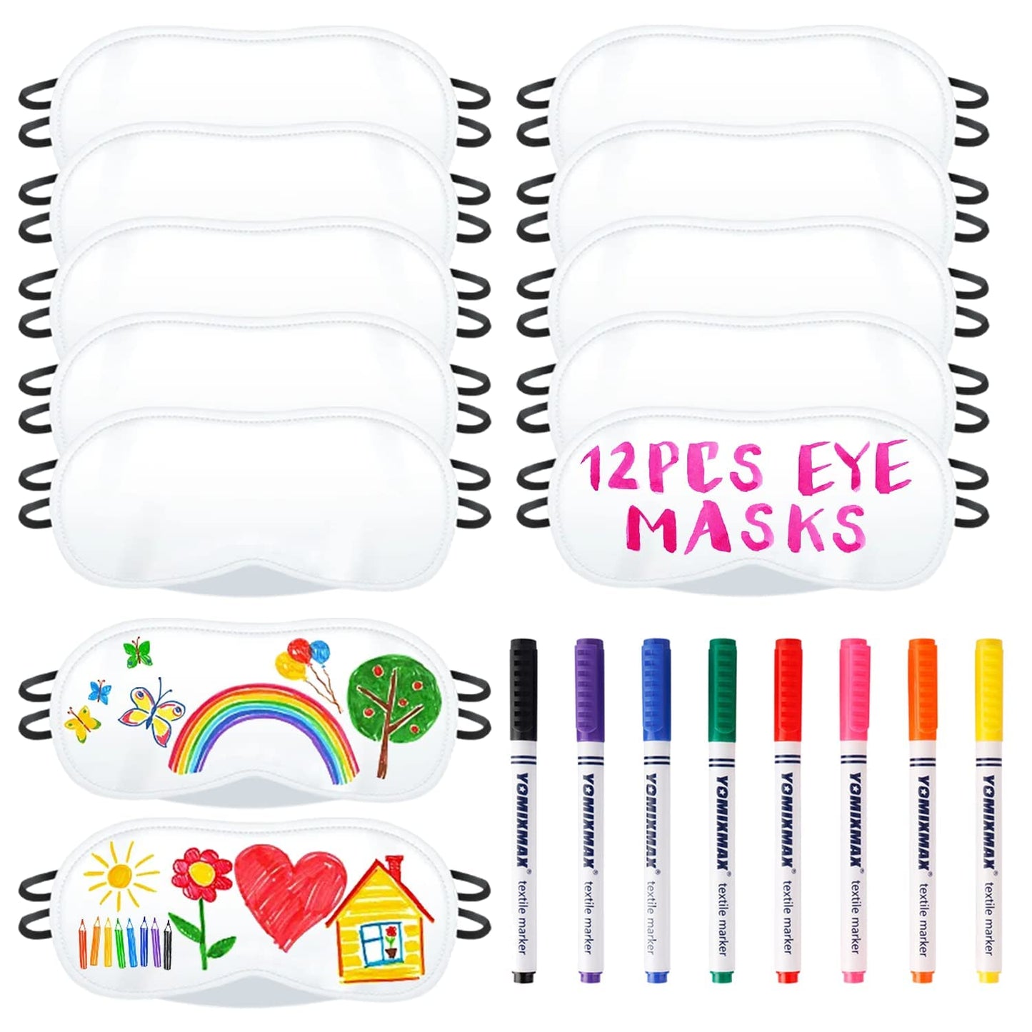 12 PCS Eye Mask Sleepover Party Supplies Sleep White Soft Shade Blindfold Eye Covering, Color the Bulk Game Stuff with 8 PCS Fabric Marker Pens