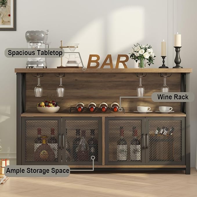 LVB Wine Bar Cabinet, Industrial Sideboard Buffet/Coffee Bar Cabinet for Liquor and Glasses, Farmhouse Metal Wood Rack Cabinet for Home Living Dining Room Kitchen, Rustic Oak, 47 Inch