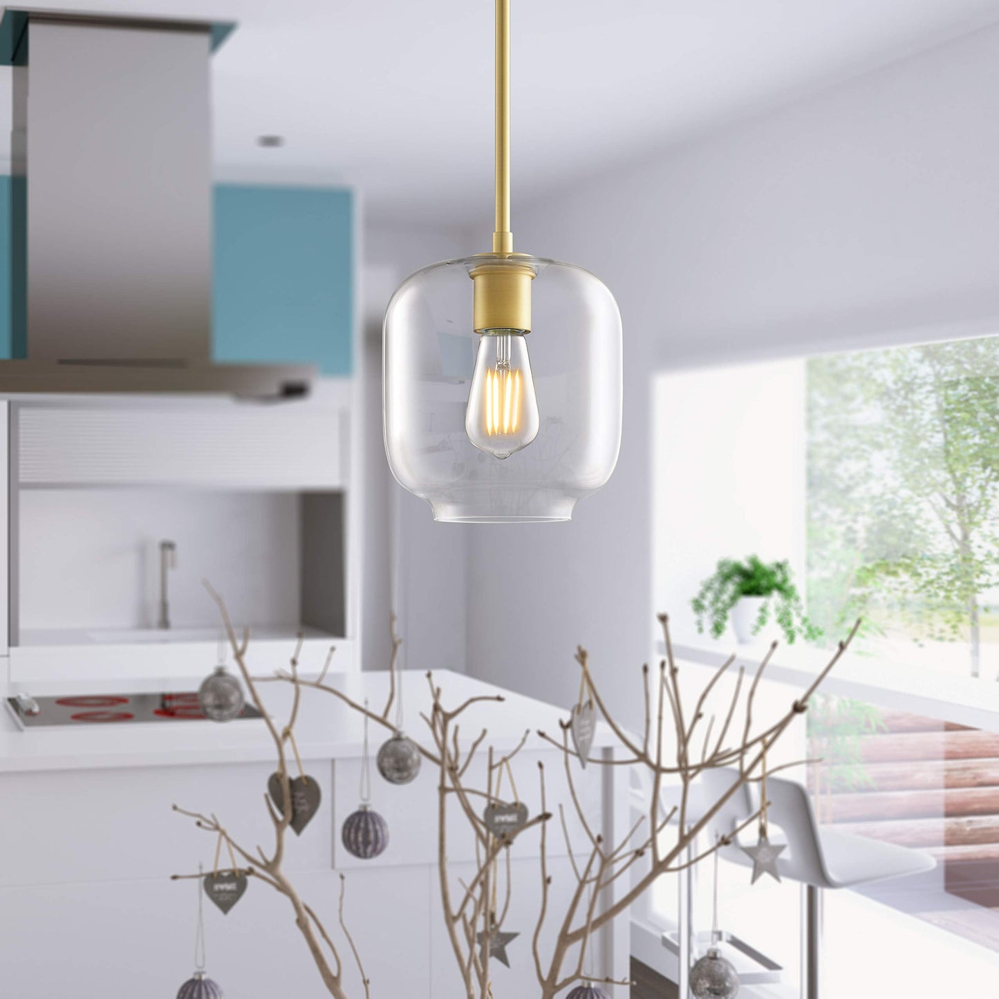 Linea di Liara Piarra Pendant Light, Satin Brass, Square Clear Glass Shade, Model LL-P622-3SB, Ideal for Kitchen Island and Over Sink Lighting