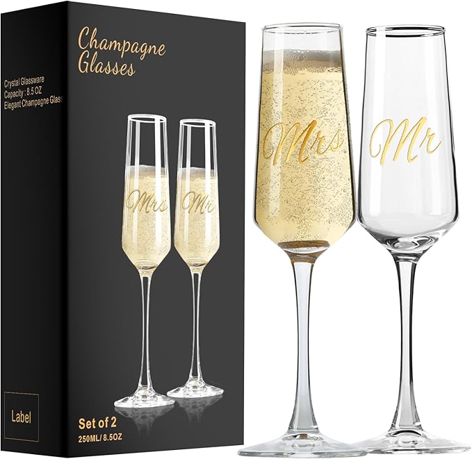 PARACITY Mr and Mrs Wedding Champagne Flutes Set of 2, Bride and Groom Champagne Glasses, Bridal Shower Gifts, Engagement ...