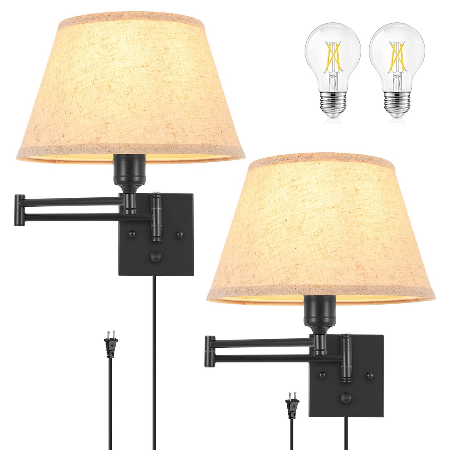 Trlife Dimmable Wall Sconce Set Of 2, Large Beige Fabric Shade, Swing Arm, Metal, Model Bysconce-L-Bei, Includes 2 Bulbs