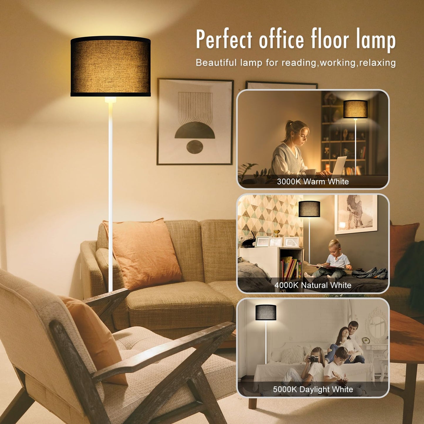 Floor Lamp White  Standing Lamp  58  Tall Floor Lamp With Black Lampshade  Foot Pedal Switch  Modern Bright Floor Lamps For Living Room/Bedroom/Classroom/Kids Room  White Lamp For Girls  Gift(No Bulb)