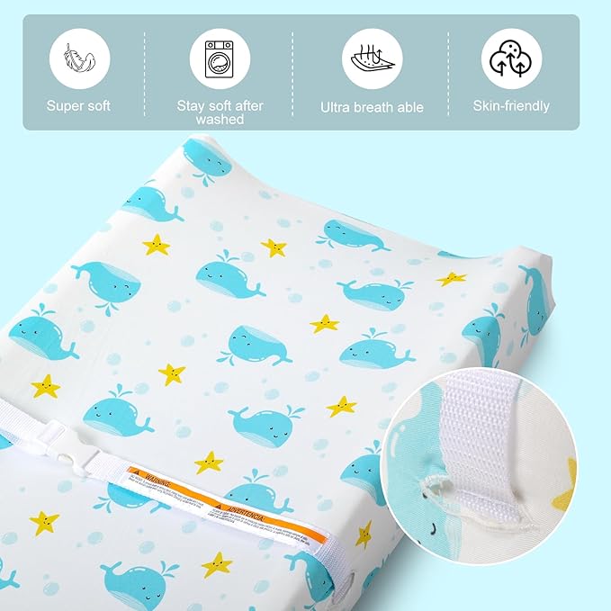 Changing Table Pad Cover Elastic Changing Pad Cover Premium Baby Changing Pad Cover 2 Pack for Boys Girls Soft and Comfortable (Baby Whale and Hedgehog)