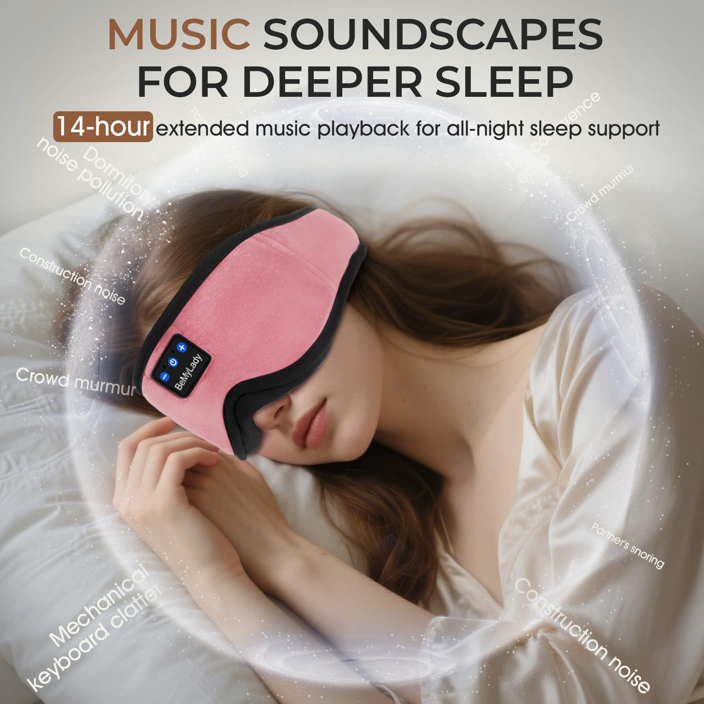 BeMyLady Sleep mask Headphones,100% Blackout 3D Zero Eye Pressure Bluetooth Sleep mask Breathable Eye mask with Bluetooth Headphones Sleep Headphones for Side Sleepers, 14H Playtime&Bluetooth 5.4 Pink