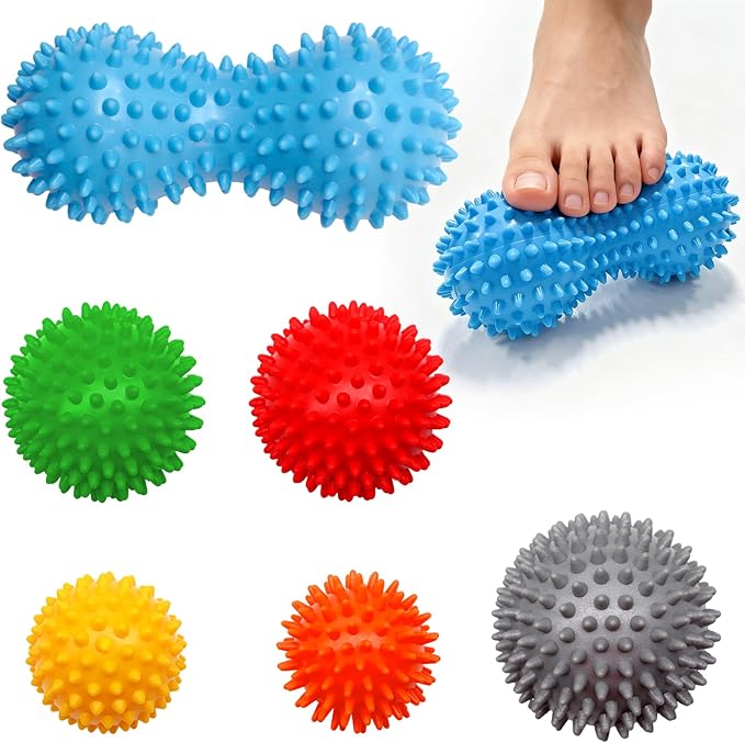 6-Pack Spiky Massage Balls Set, Hard/Medium/Soft Textured Muscle Roller Balls for Plantar Fasciitis Relief, Myofascial Rel...