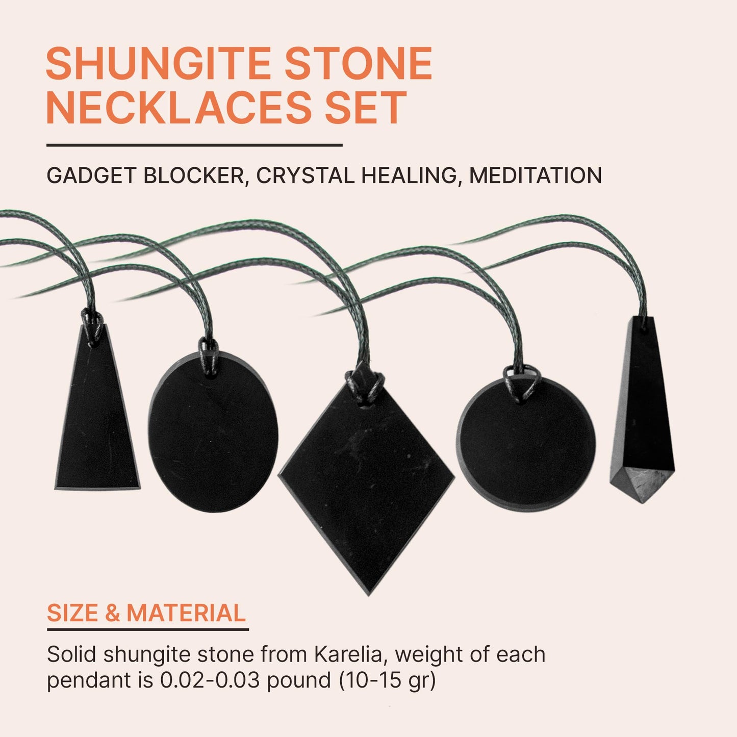 Karelian Heritage Shungite Necklace Full Protection Gift Set | 5 Authentic Shungite Pendants | Stone Jewelry Healing Necklace fo