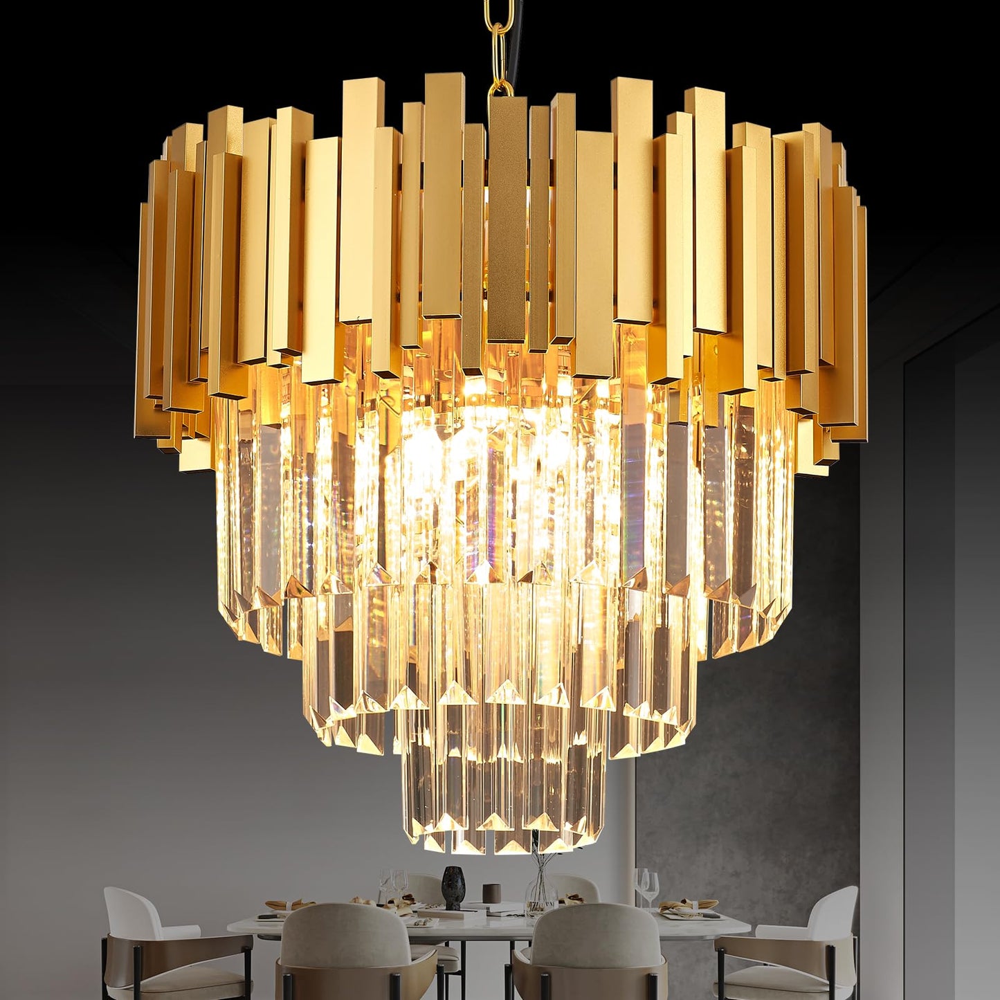 Brfaixla 3-Tier 15.8 Crystal Gold Chandelier Modern Crystal Pendant Chandeliers 5 Lights Round Hanging Lighting For Dinning Room Kitchen Island Bedroom Living Room Foyer Entryway  E12