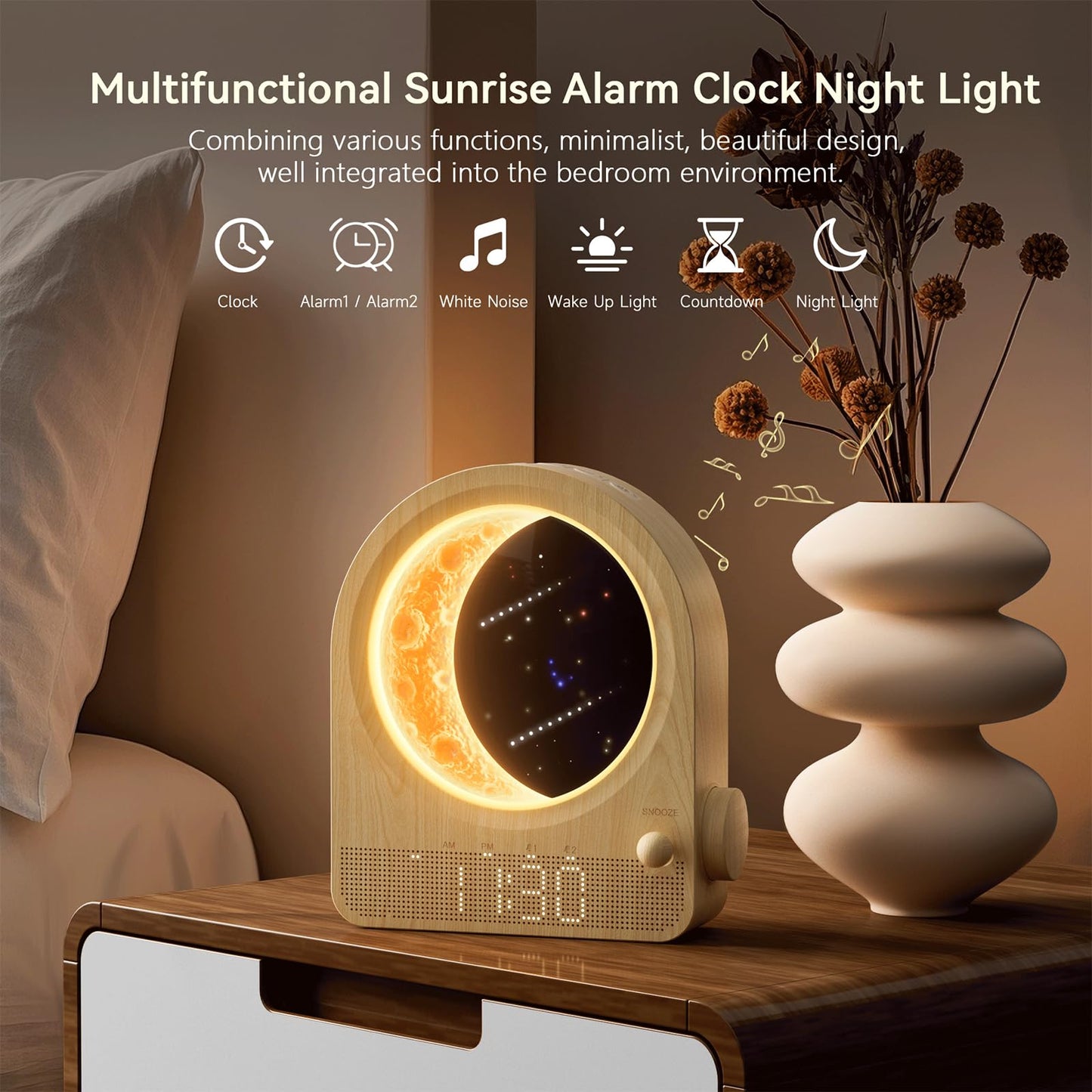 Blonbar Sunrise Alarm Clocks For Bedrooms  Stepless Dimmable Moon Lamp Dual Alarm Clock Wake Up Light With 12Levels Volume For Heavy Sleepers  10 Natural Sounds With Timer  Gifts For Women