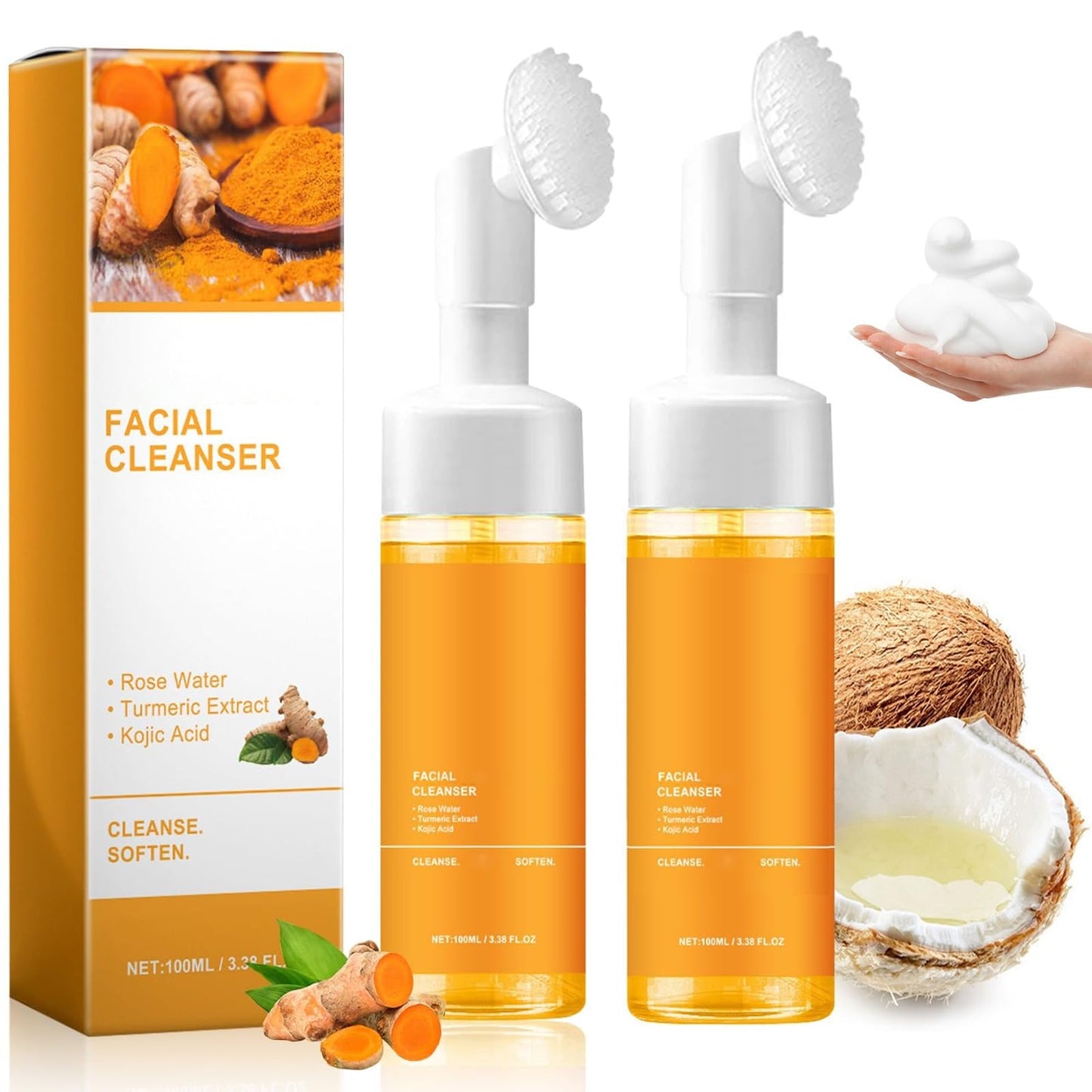 Axnzp 2 Pcs Turmeric Face Wash With Brush, Deep Cleansing Exfoliating Glow Wash Turmeric Facial Cleanser for Women All Skin.