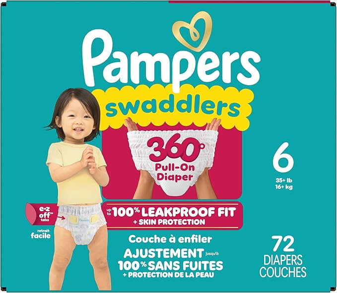 Pampers Diapers - Swaddlers 360° - Size 6, 72 Count, up to 100% Leakproof Comfy Dry Fit, Designed for Easy Changes, Pull On Baby Diaper (Packaging May Vary)