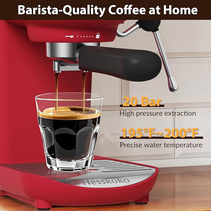 Espresso Machine with Steam Milk Frother Semi Automatic 20 Bar Compact Red with Touch Screen for home Cafetera Espresso, Latte, Cappuccino, Americano, Macchiato
