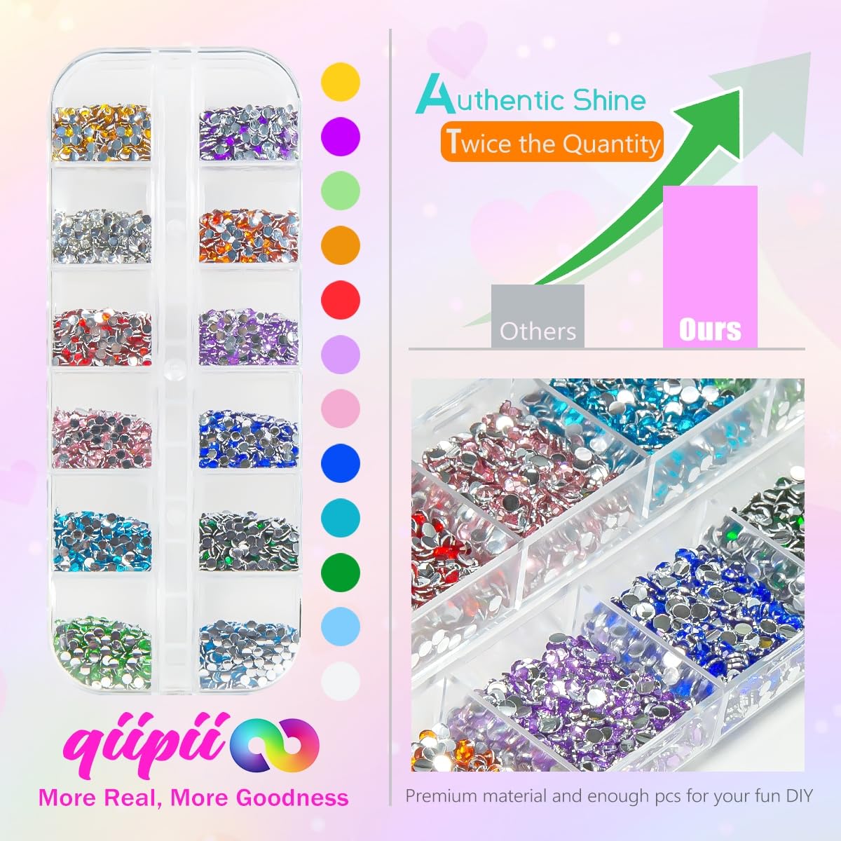 qiipii 12 Colors 2mm Small Crystal Resin Rhinestones Rainbow Colorful Flatback Tiny Stones Gems Diamonds Crystals Charms for Nai