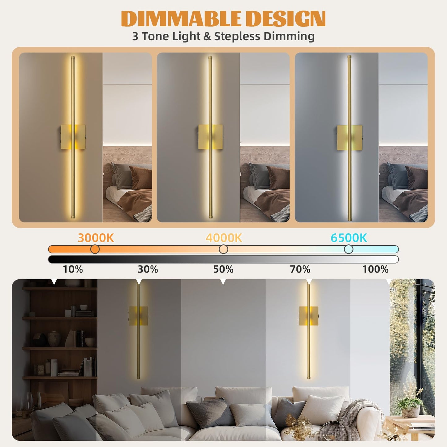 usiopup Battery Operated Wall Sconces, Gold Metal Vanity Lights, 28.3-Inch, Set of Two with Remote Control, Model 1610