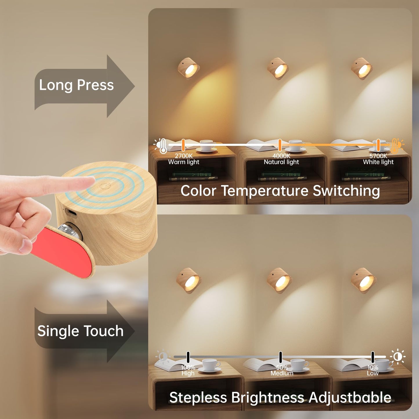 Aksda 3Pack Battery Operated Wall Sconce  3 Color Modes 3 Brightness Levels 360?Otation Lighting Timer Touch & Remote Control  Wall Mounted Lamp Led Wall Lights For Bedroom Reading Bedside (Wood)