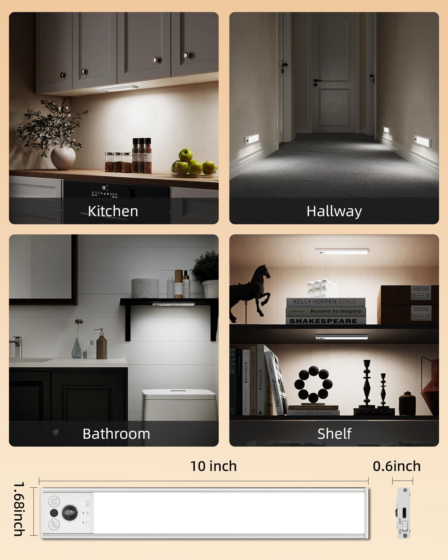 Ezvalo 10Inch Under Cabinet Lighting  Led Motion Sensor Light Indoor  2400Mah Usb Rechargeable Closet Lights  Dimmable & Magnetic Wireless Under Counter Lights For Kitchen  Pantry  Stairs (2 Pack)