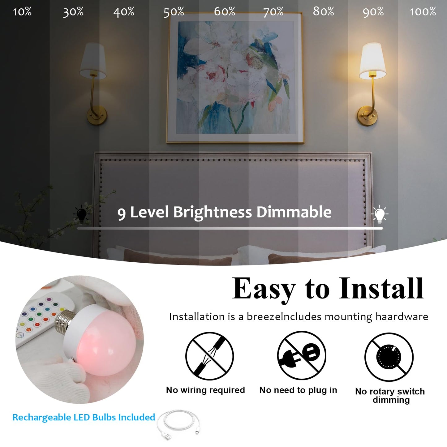 Pathson Battery Operated Wall Sconce Light Set of 2, Rechargeable Dimmable, Antique Brass, Remote Control, Model XLUS3002X2
