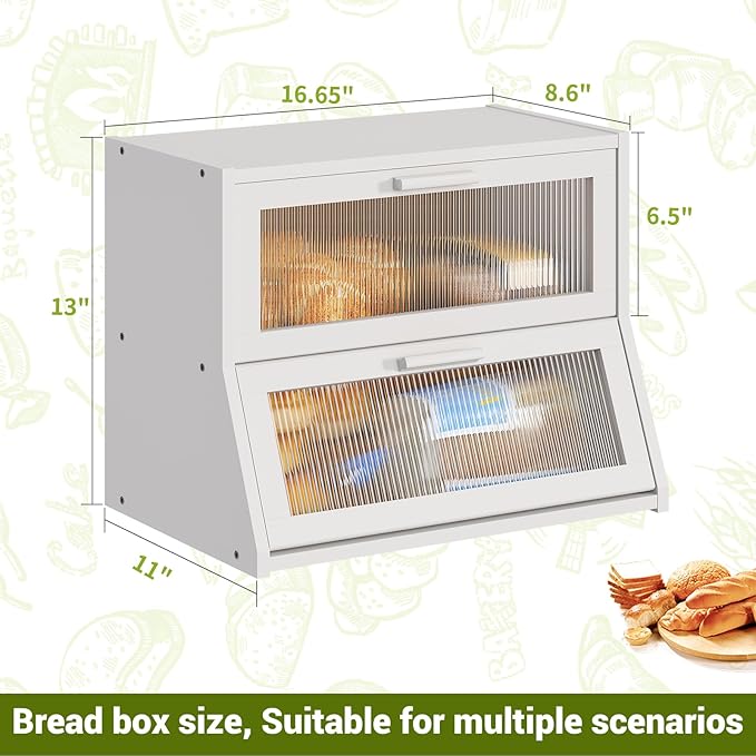 BMOSU Large Bread Box Double Layer Bamboo Bread Box for Kitchen Counter Container Farmhouse Bread Holder Capacity Bread Storage Bin(White)