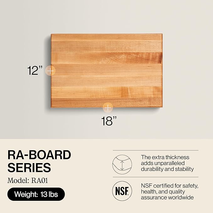 John Boos RA-Board Series Rectangular Wooden Maple Cutting Board 18”x12” – 2.25” Thick, 13-lb Reversible Butcher Block with Edge-Grain & Finger Grips – Made in the USA
