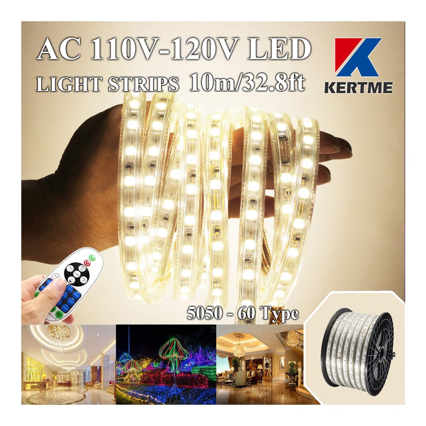 Kertme 5050 Led Strip Lights, 10M Waterproof Dimmable Rope Light, Natural White 4000K, 23 Keys Remote For Home/Garden Decoration
