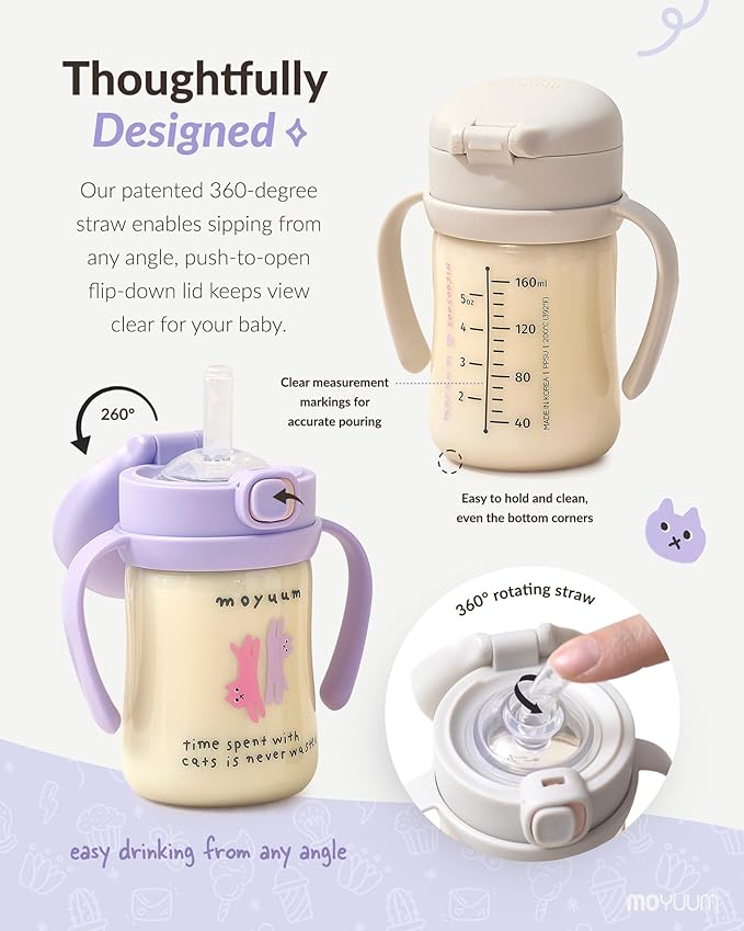 MOYUUM Leak Proof Sippy Cup with Handle | Made in Korea, 100% BPA Free PPSU, Magic No Spill Straw Cup with Attached Flip Top Lid, Easy to Hold for Babies and Toddlers, 6oz Gray