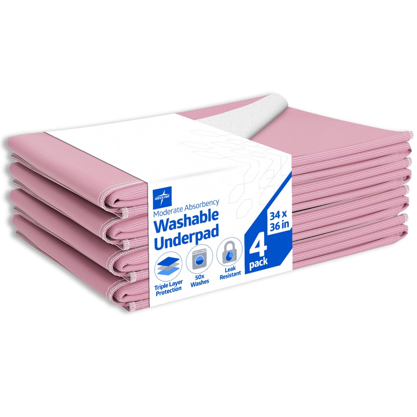 Medline Washable Bed Pads for Incontinence, Large 34 x 36 inch Reusable Underpads, 4 Pack, Pee Pads for Dogs, Adults, Kids and Baby, Pink Sofnit 300